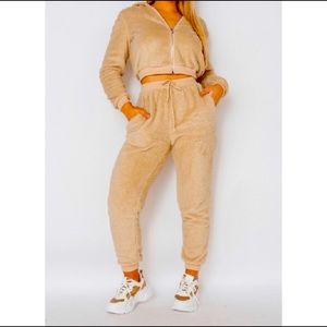NWT-Camel Teddy Crop Hoodie & Jogger Lounge Set